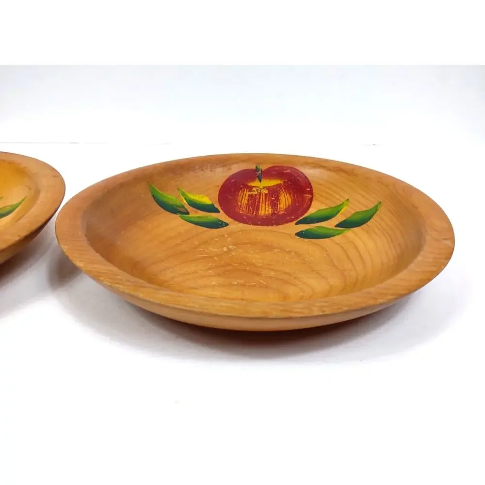 2 Vintage Hand Painted Solid Wood Salad Bowls Bowls Apple Leaf Design Signed 7